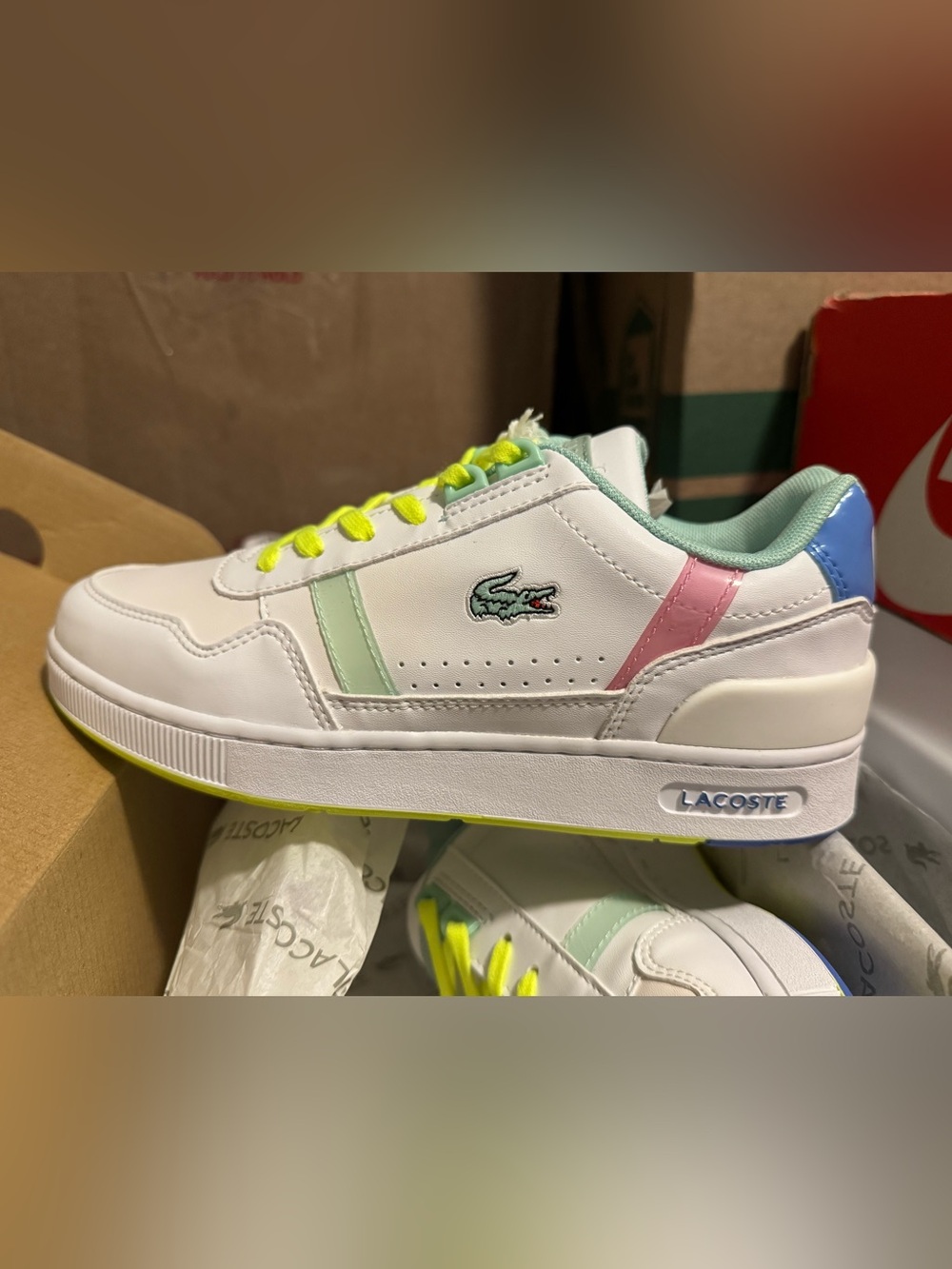 Lacoste Kids White Sneakers with Neon Yellow Laces and Pastel Accents
